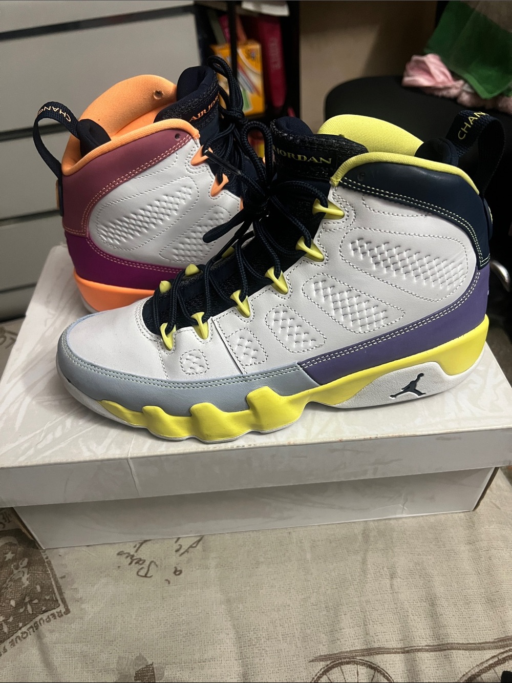 Jordan White High-Top Sneakers with Yellow, Purple and Orange Accents